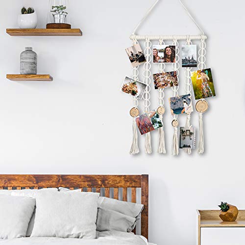 ULG Hanging Photo Display Wall Decor Macrame Wall Pictures Organizer Boho Home Decor with 30 Wood Clips and 1 String Light for Home Office College Bedroom, 24.8"x 15.75"
