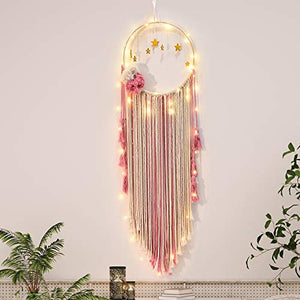 ULG Hanging Photo Display Macrame Wall Hanging Pictures Organizer with 30 Wood Clips and 1 String Light