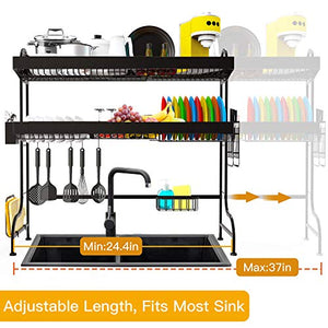 ULG Over The Sink Drying Rack, 2 Tier Length Adjustable (24.4"-37") Stainless Steel Dish Drying Rack for Kitchen Counter Organizers, with Cutting Board Dish Rack Saving Space